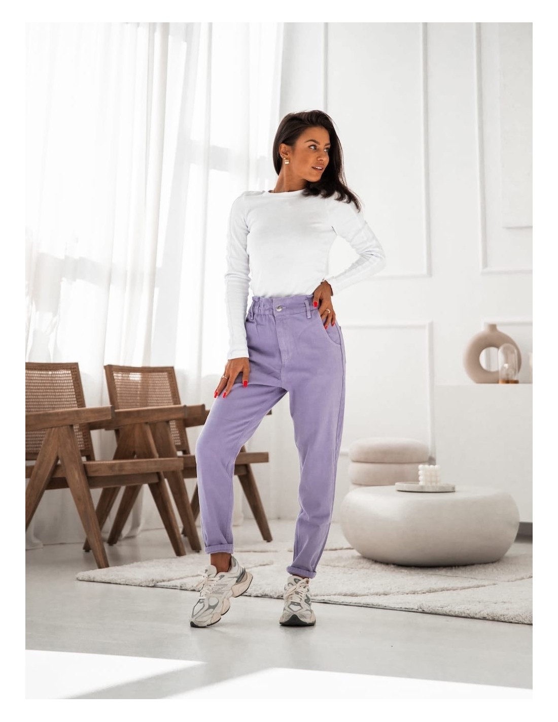 Pantaloni din denim cu talie elastica, liliac 202001 - Magazin online - Boutique